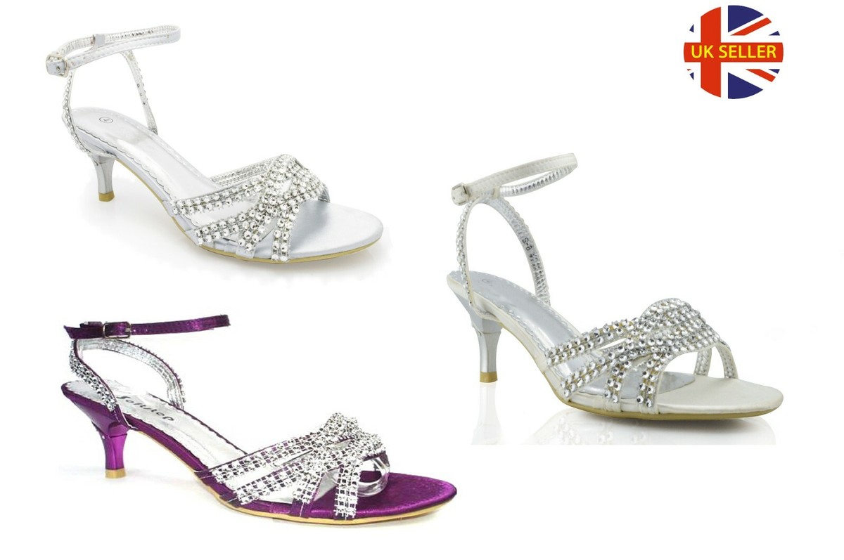 LADIES WOMENS KITTEN HEEL DIAMANTE WEDDING BRIDAL BRIDESMAID