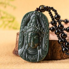 Certified Natural Dark Green HeTian Nephrite Jade GuanYin Head Pendant Necklace