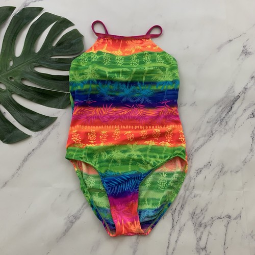 Vintage Y2K Kathy Ireland Womens One Piece Swimsuit Size 12 Neon Rainbow Palms