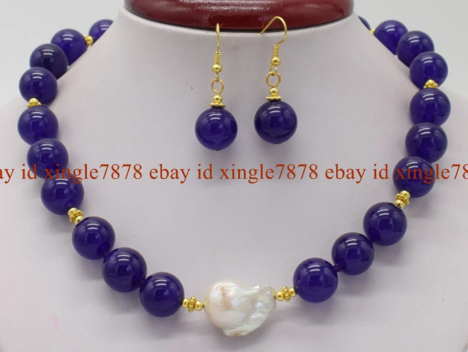 14mm Natural Round Gemstone & White Baroque Pearl Necklace 20" + Earrings Set - Image 3 of 4