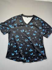 Womens Scrub Top Shirt Butterfly V-Neck Pockets Short Sleeve XL Black Blue