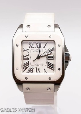 Cartier Santos 100 W20129U2 White Rubber Stainless Steel 33mm Watch
