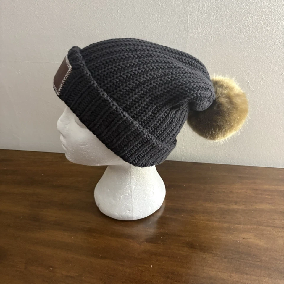 NEW Love Your Melon Womens One Size Hat White Cotton Knit Beanie Black Pom - Image 4 of 4