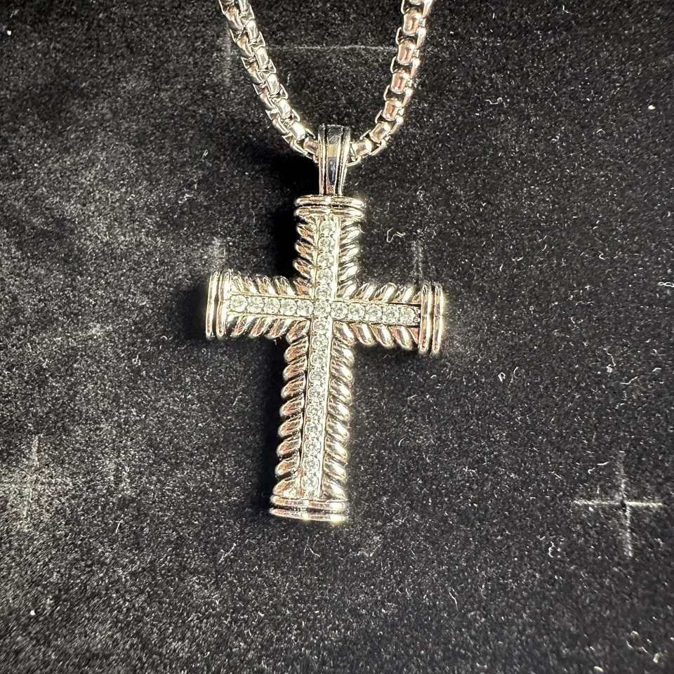 David Yurman Colgante Cruz Cable Esterlina 3MM Cadena Diamante Blanco Collar 55cm Foto 2 de 4