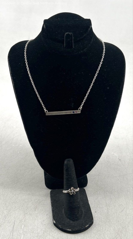 925 Sterling Silver Size 5 Floral Toe Ring/18" "Mimi" Bar Pendant Necklace 5.4g