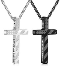 Silver and Black Stainless Steel Cross Necklace Set for Men and Boys
