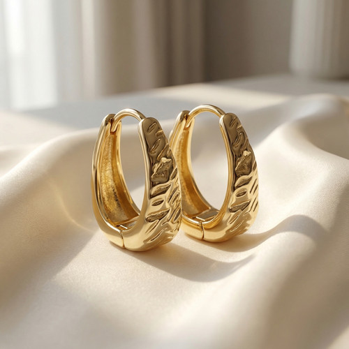 14K Gold Plated Wide Chunky Hinge Hoops, 25mm Ribbed U-Shape, Lightweight