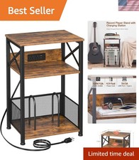 Stylish Rustic Brown Record Stand with USB Charging - Ideal for Living Rooms