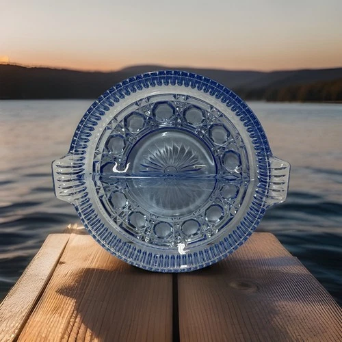 Indiana Glass Divided Relish Dish Blue Windsor Tab Handles Pressed Glass Vintage