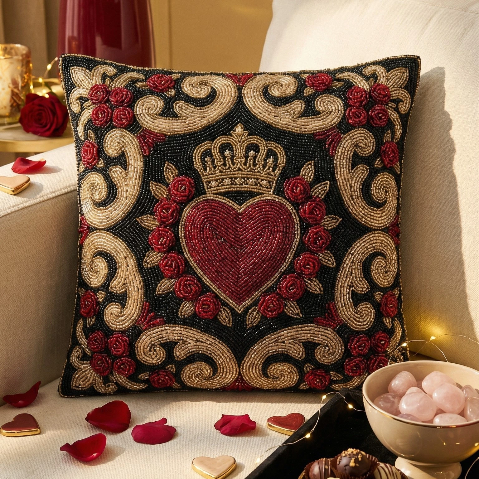 Luxury Beaded Heart & Crown Throw Pillow Cover - Baroque Royal Decor - 16x16
Opens in a new window o