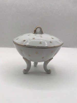 Vintage Lefton 3 Footed Lidded Dish White Gold Fleur De Lis KF29IIN