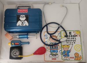 Vintage Fisher Price Medical Kit Doctor Nurse Pretend Play Blue Plastic Case