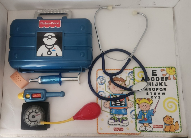 Vintage Fisher Price Medical Kit Doctor Nurse Pretend Play Blue Plastic Case