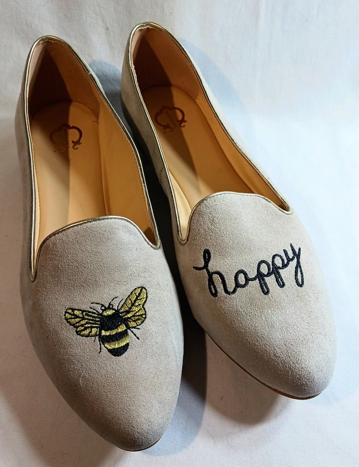 C. Wonder Celeste Bee Happy Wm's 8M Bordado Gamuza Planos Sin Cordones Beige Dorado Foto 4 de 4