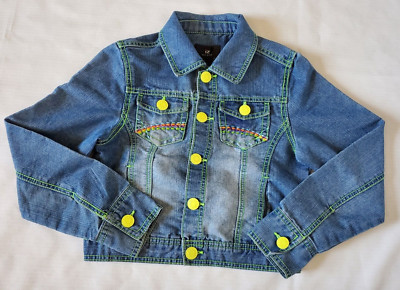 IZ Amy Byer Denim Jacket Girls Size L Blue Embroidered Neon Buttons