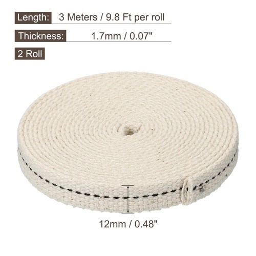 Algodón Aceite Lámpara Mecha 12mm Ancho 3 Metros con Negra Puntada, 2 Rollos - Imagen 2 de 5