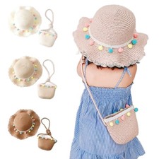 Baby Girls Straw Hat Wide Brim Sun hat Cute Pompom Beach Cap with Pocket Bag