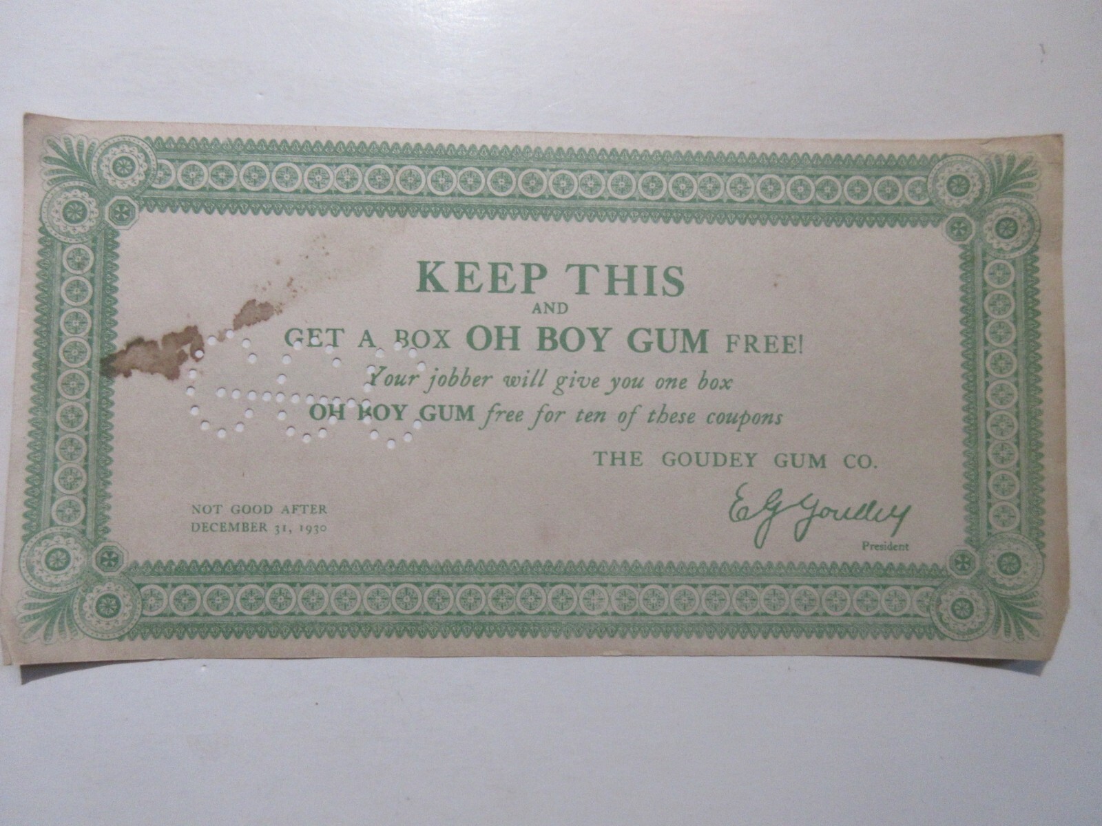 vintage OH BOY GUM 1930 coupon The Goudey Gum Company