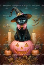 HALLOWEEN CAT ART PRINT, Cottagecore Decor, Animal Witchy Cat, Kitty Poster D901