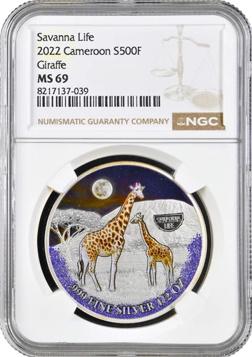 Cameroon 500 francs 2022, NGC MS69, "Savanna Life - Giraffe" Top Pop 1/0