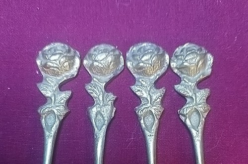 Vintage Messing beschichtete Mini Löffel (4) Rose geschnitzte Enden ~ Dekor oder Tee/Kaffee/Senf - Bild 2 von 6