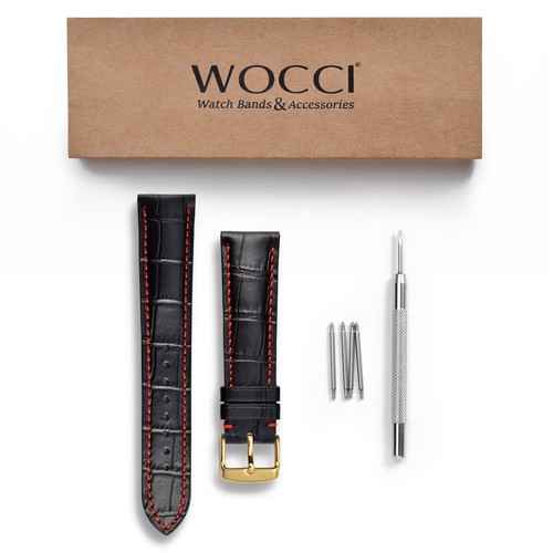 Correa de reloj italiana de cuero en relieve WOCCI 14 18 19 20 21 22 24 26 mm hebilla de oro - Imagen 30 de 70