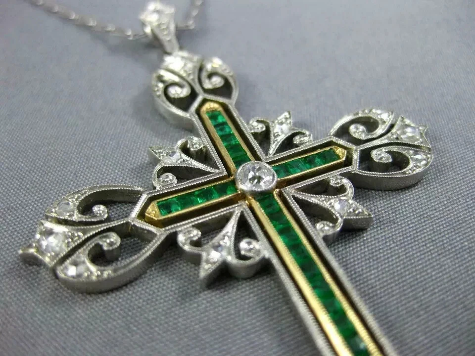 Кулон в стиле ар-деко с крестом 3 карата созданный в лаборатории изумруд/бриллиант 18 дюймов покрытие белым золотом 14 карат - Изображение 2 из 4
