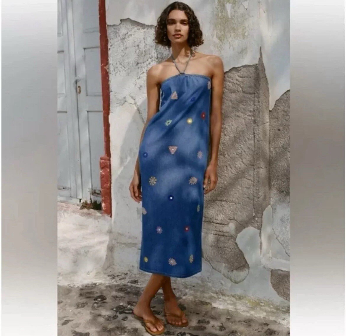 ZARA Women's Embroidered Denim Halter Midi Dress Sequins Embroidered - Size  XS | eBay
