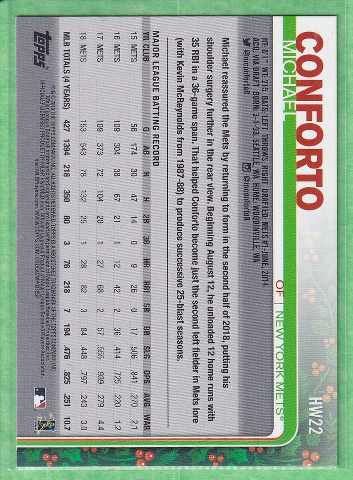 2019 Topps Holiday Walmart Mega Box #HW22 Michael Conforto New York Mets - Image 2 of 2