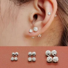 316L Surgical Steel Silver Round Ball CZ Crystal Screw Back Stud Earrings 3-6mm