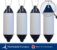4 X Hurricane Boat Fenders - White With Blue Ends- 19 X 5 - Free Rope Included 4 X Hurricane Boat Fenders - White With Blue Ends- 19 X 5 - Free Rope Included