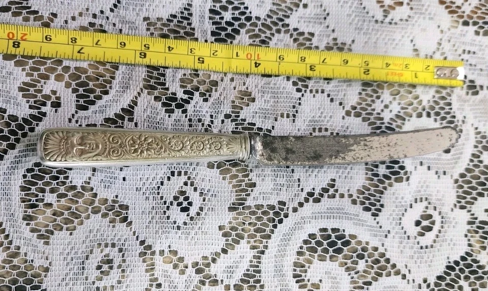 🤪¡RARO DESGASTADO c1886! CUCHILLO DE DESAYUNO DENTADO CABEZA ASIRIA CHAPADO EN PLATA🔎👀 Foto 4 de 4