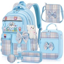 Girls Backpack with Lunch Box Set, 5pc Blue Cute Kawaii Bookbag for Teens, Ae...