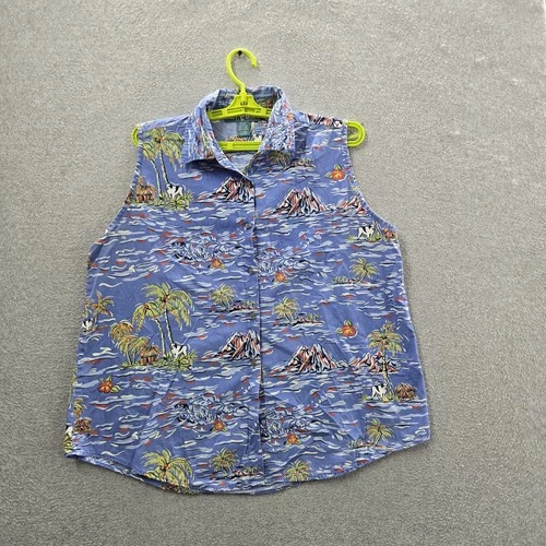 Big Dogs Women Button Up Shirt XL Blue Sleeveless Floral Palm Trees Hawaiian