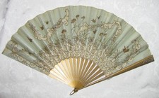 Large Antique Victorian Fan Hand Painted Silk and Lace 1890's