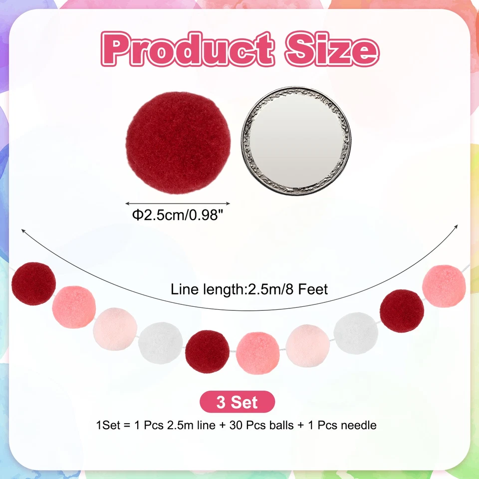 Juego de 3 Guirnalda de Bolas de Fieltro, Guirnalda de 8 Pies Arco Iris Pom Pom (Rojo, Rosa, Blanco) Foto 2 de 4