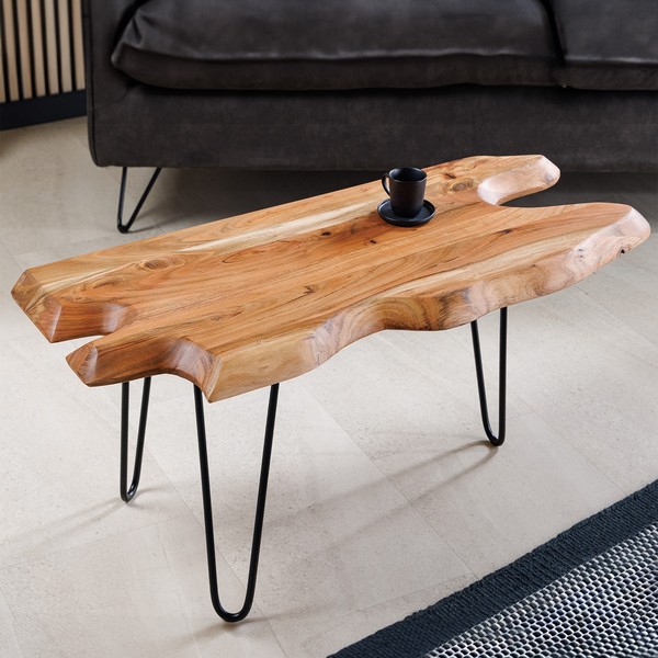 Massivholz Couchtisch Wild 100Cm Akazie Natur Hairpin Legs Baumkante Tisch-image