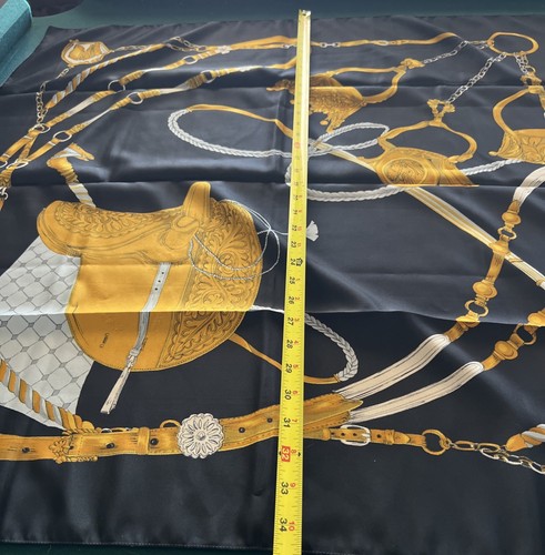 Vtg Equestrian Navy Blue Gold Scarf Horses English Saddle Rope Polyester Italy - Picture 13 of 14