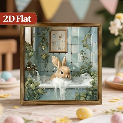 Vintage Easter Wooden Plaque Whimsical Bunny Tea Party Art Home Wall Accent
