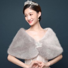 Ladies Bridal Solid Plush Faux Fur Shawl Rhinestone Wrap Cape Furry Prom Elegant