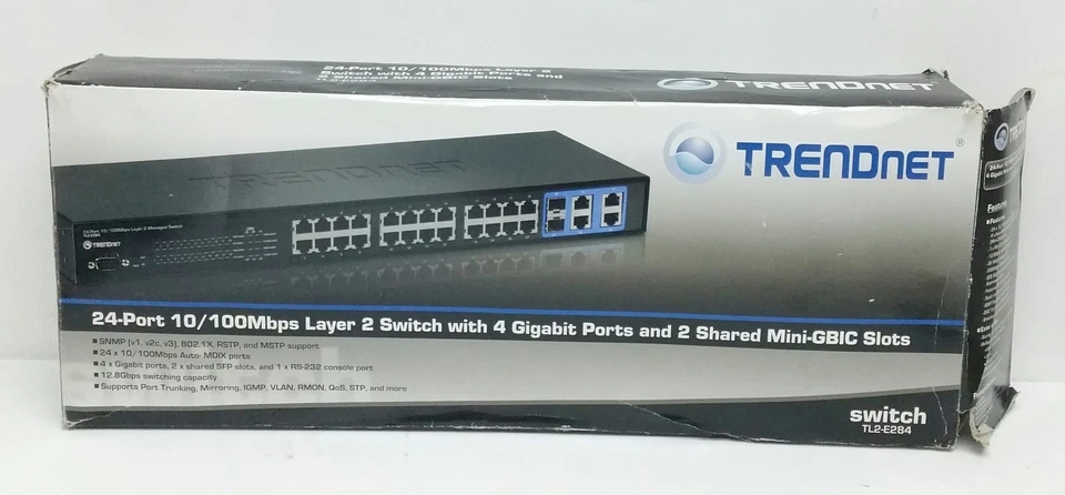 TRENDnet TL2-E284 24-Port 10/100 Mbps Layer 2 Managed Switch with 4 x 1Gb Por... - Image 3 of 4
