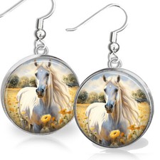 Pendientes de regalo para amante del caballo impresión artística acuarela semental blanco equino caballo