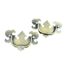 2 Vtg Double post cabinet furniture bail pull antiqued brass