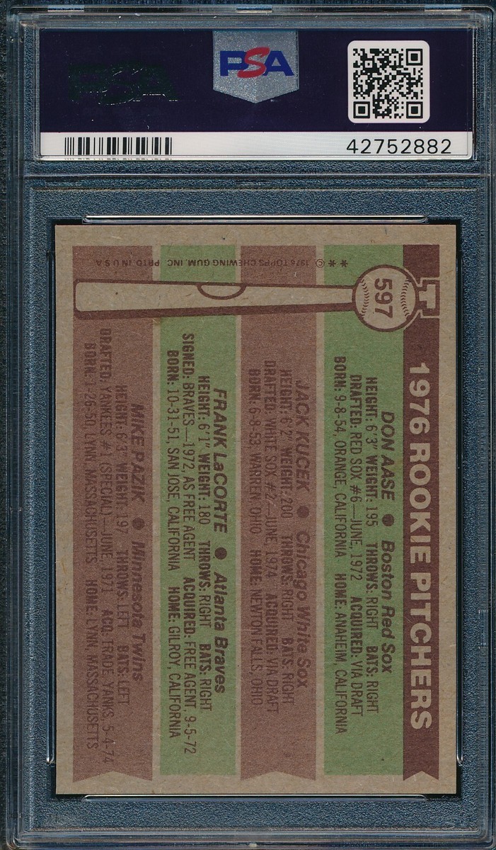 1976 Topps Set Break # 597 Rookie Pitchers Pazik Kucek Aase PSA 7