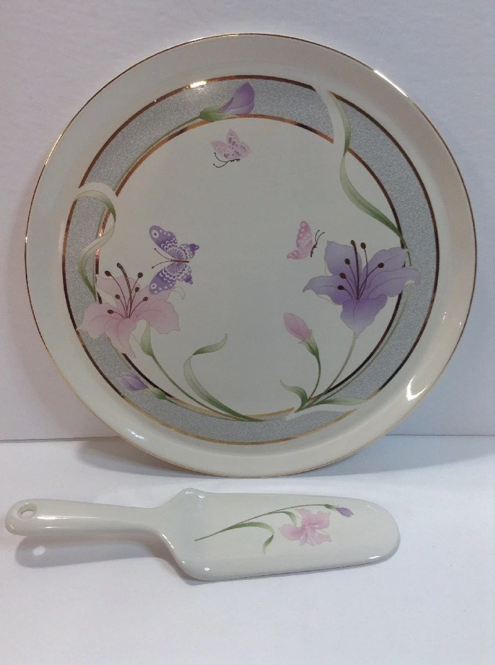 Винтажное блюдо для торта бабочка с цветочным рисунком фиолетовое с сервизом для торта без маркировки - Изображение 2 из 4