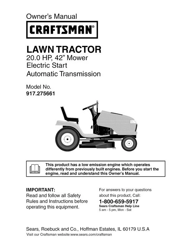 Owner s Manual Sears Craftsman 20.0 HP Lawn Tractor w 42 Mower