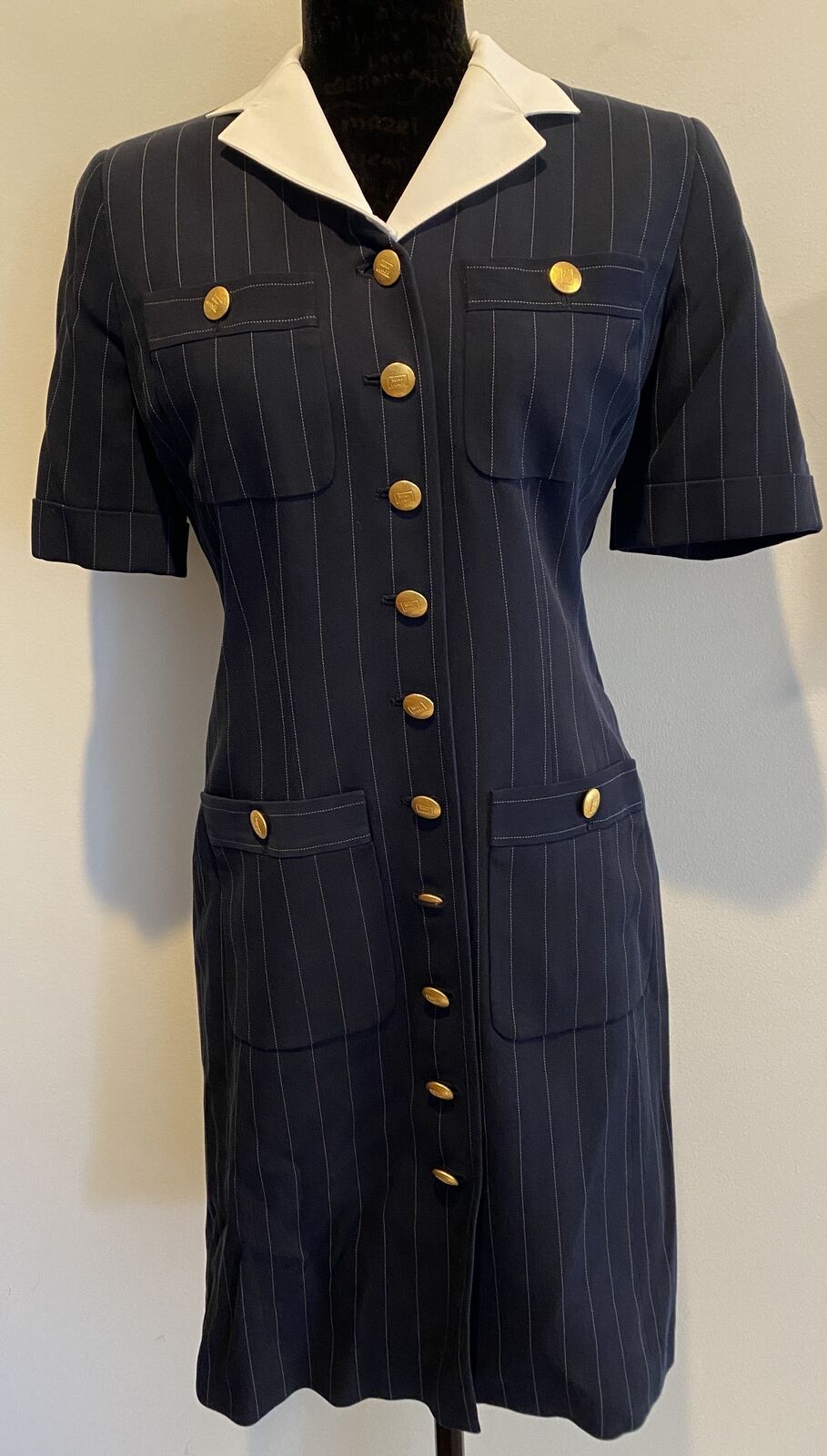 RENA LANGE vintage navy blue pinstripe dress w/ g… - image 1