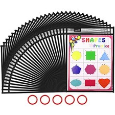 Dry Erase Pockets 30 Pack with Rings - Oversized Reusable Plastic Black