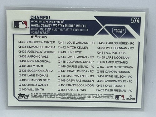 Champs! World Series Worthy Middle Infield 2023 Topps Series 2 Baseball # 574 - Picture 2 of 2