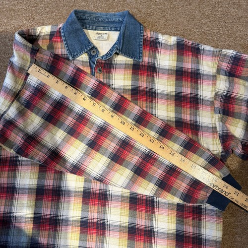 Structure Red Navy Orange White Plaid Long Sleeve Rugby Denim Collar Polo M USA - Picture 6 of 6
